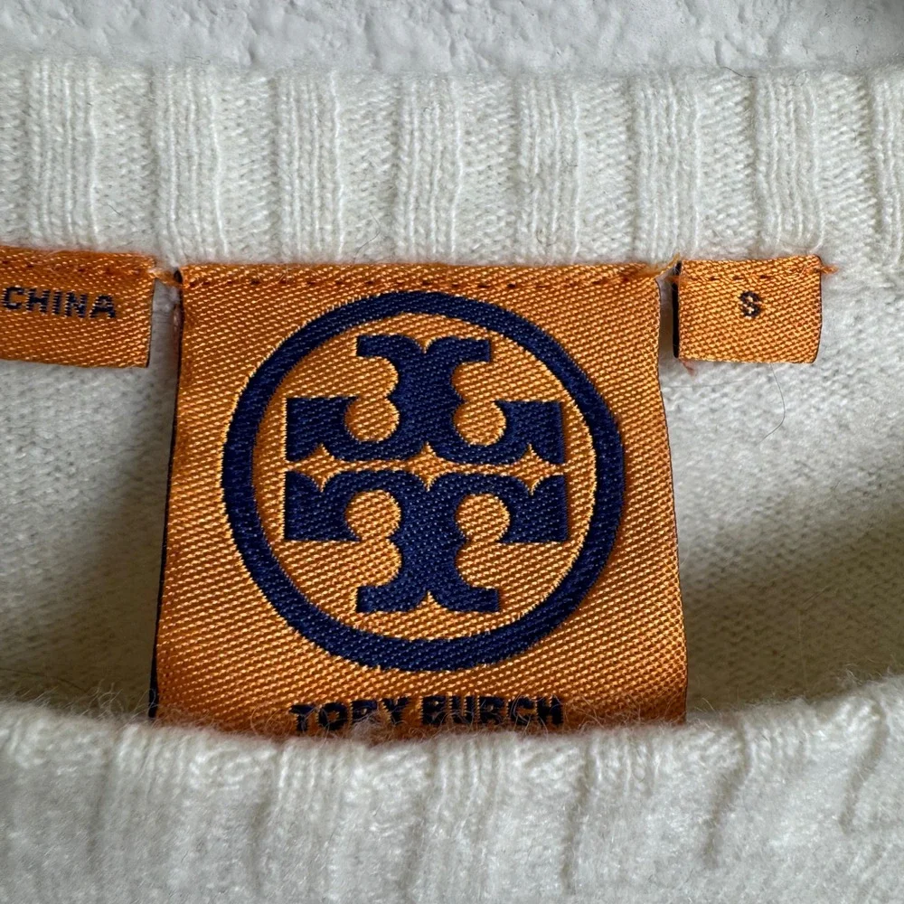 Tory Burch Logo Button Shoulder Sweater Small XS Ivory Merino Cashmere Blend